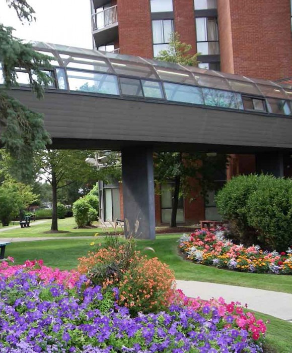 A park with flowers and benches in the foreground.